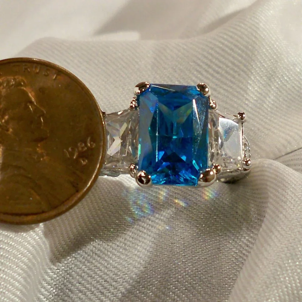 NEW Radiant Cut Blue Cubic Zirconias Silver DESIGNER Ring